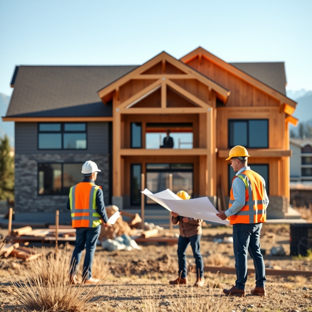 A modern custom home under construction near Denver, CO with workers reviewing plans against a mountain backdrop.