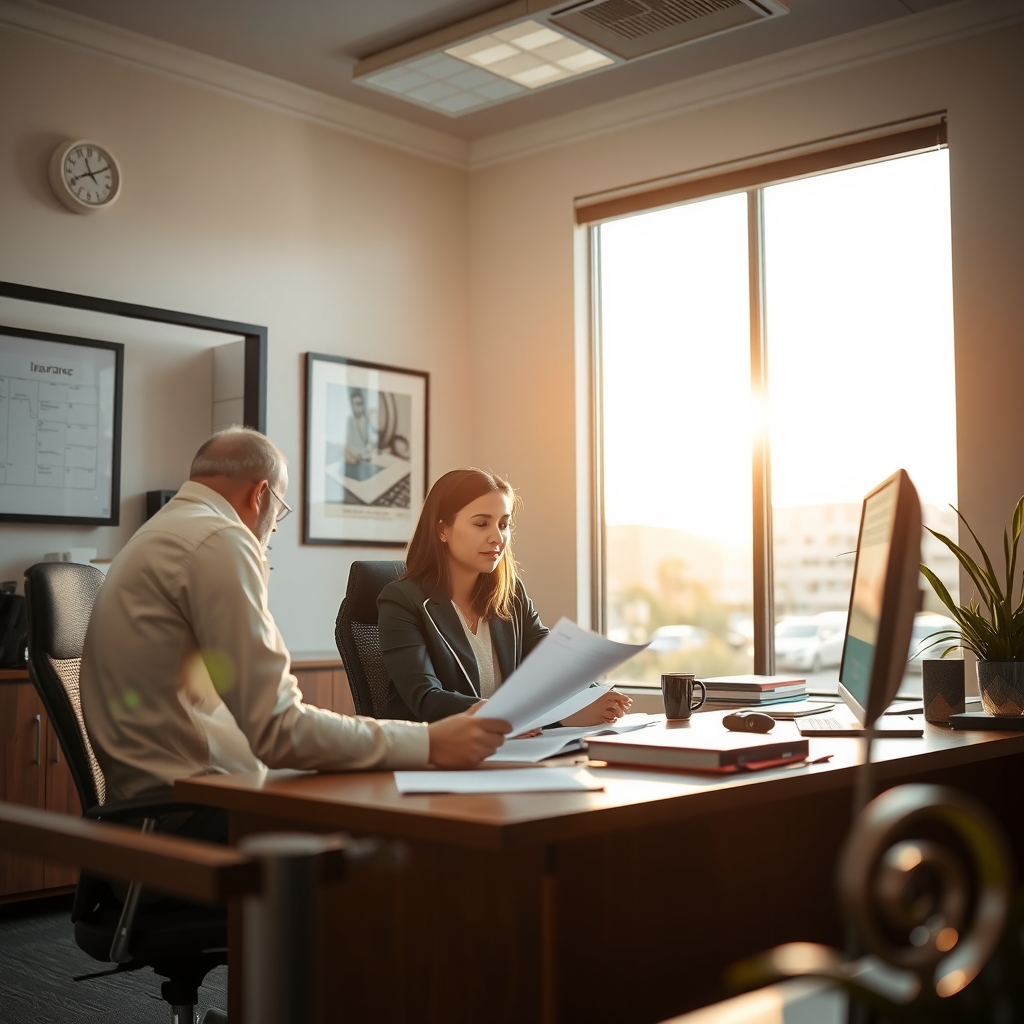 Professional insurance agency office interior in Phoenix, AZ with team member working.