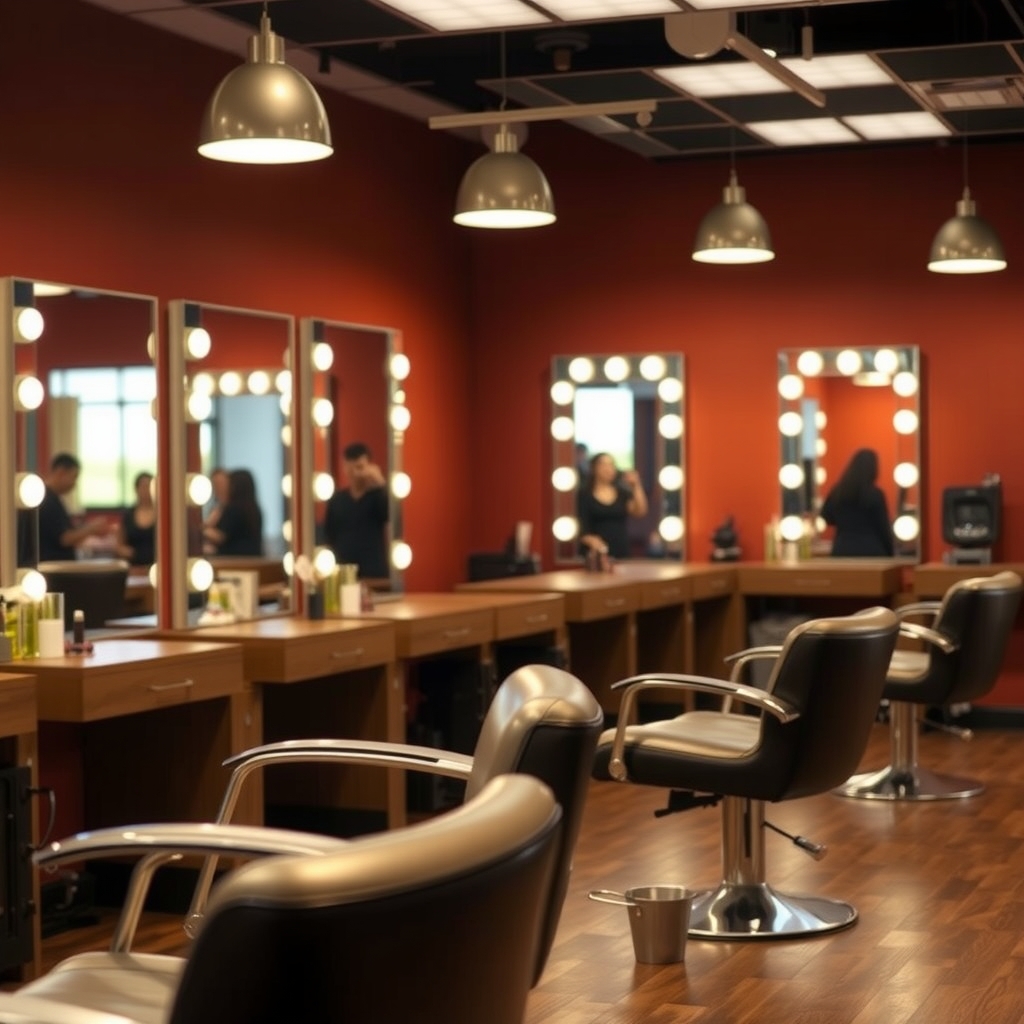Modern hair salon interior in Indianapolis, IN with styling stations and soft lighting