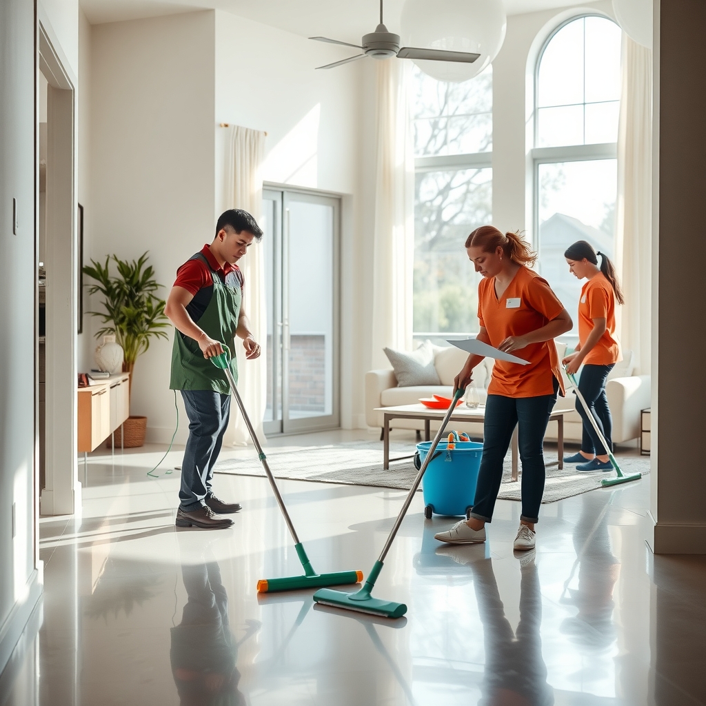 Professional cleaning service team working inside a bright modern home in Houston, TX.