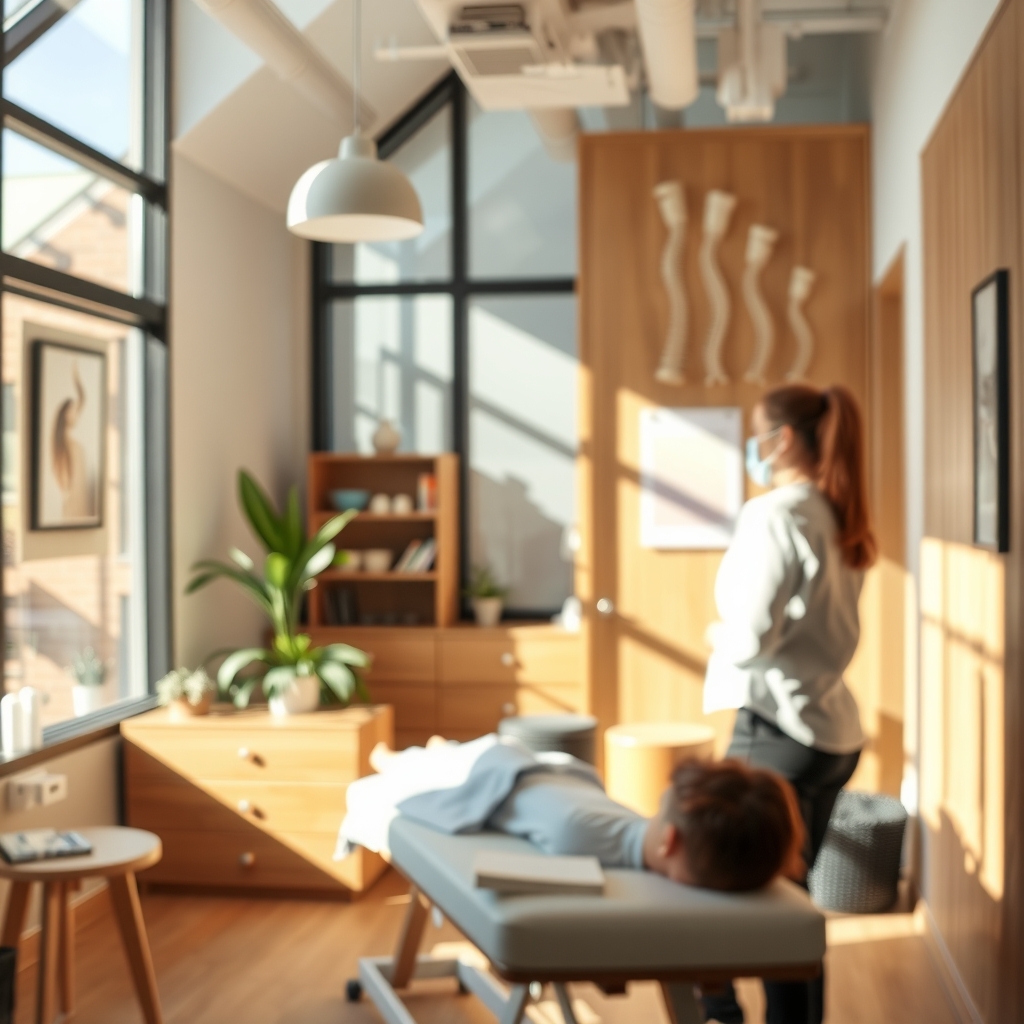 A modern chiropractic clinic in Denver, CO with a practitioner working with a patient.