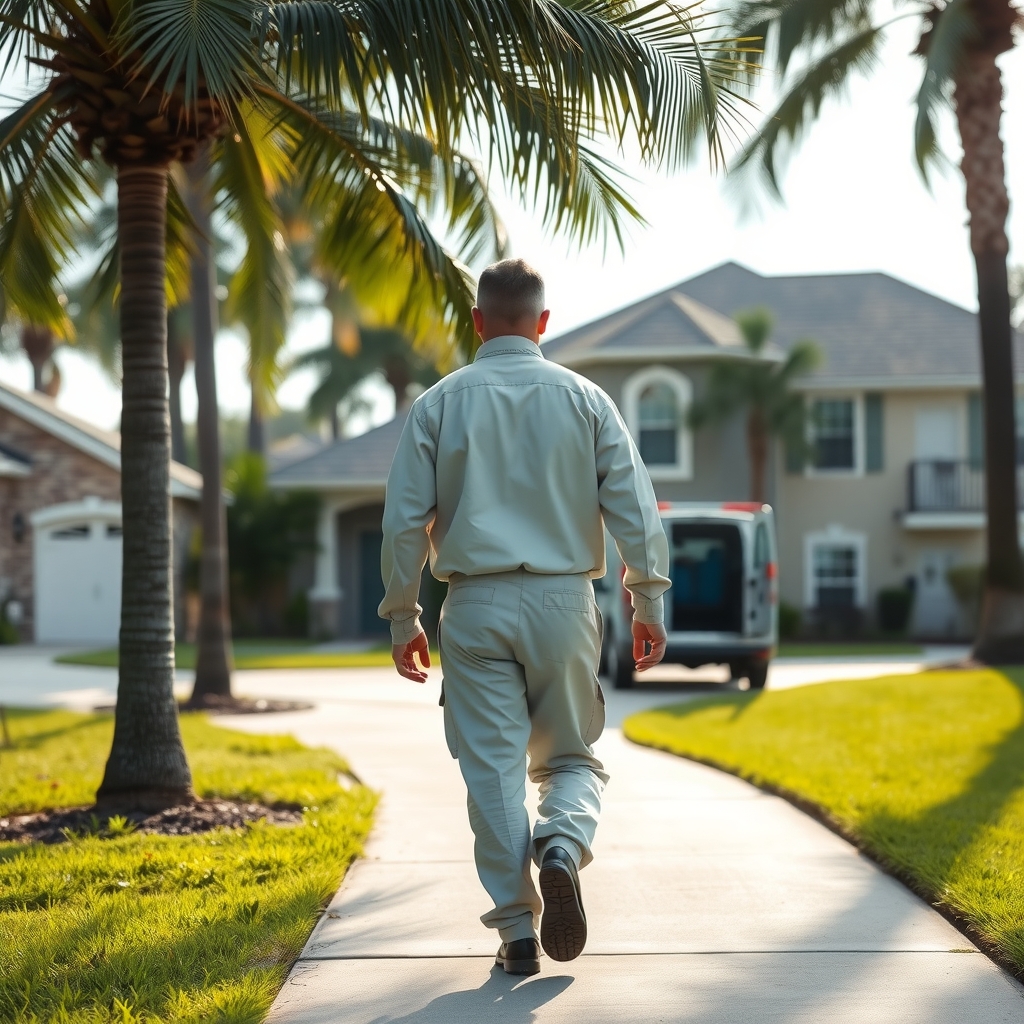 A pest control technician walking toward a suburban home in Tampa, FL to treat a pest issue.