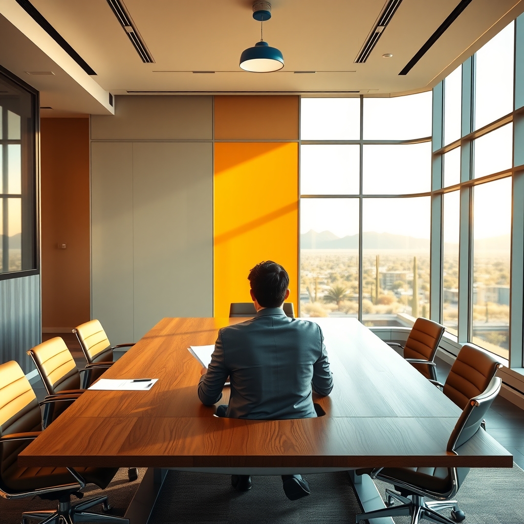 Financial advisors meeting in a sunlit modern Phoenix, AZ office overlooking the desert landscape.