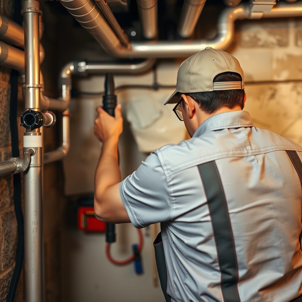 A plumber working in a home in Atlanta, GA
