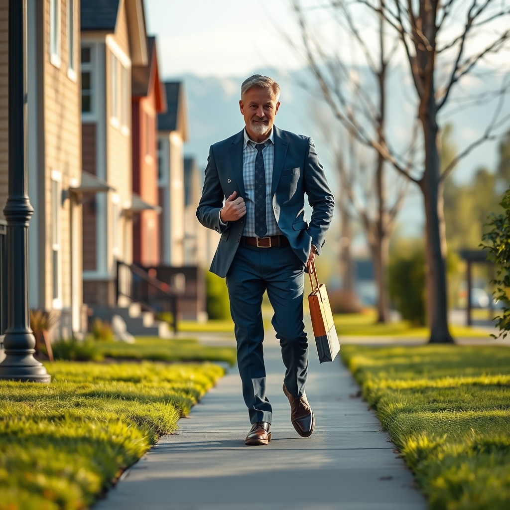 Real estate agent walking in a residential neighborhood in Salt Lake City, UT under morning light