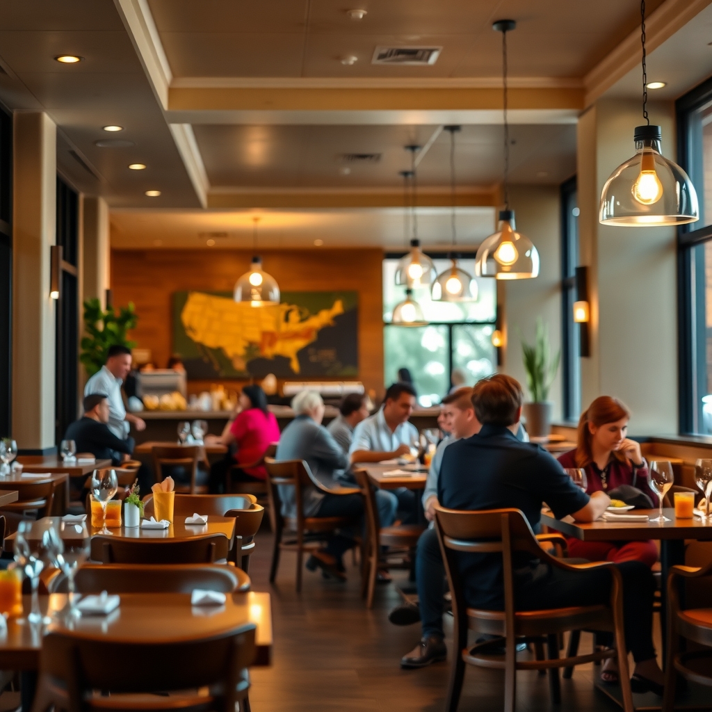 Warm interior of a restaurant in Phoenix, AZ with diners enjoying evening service.