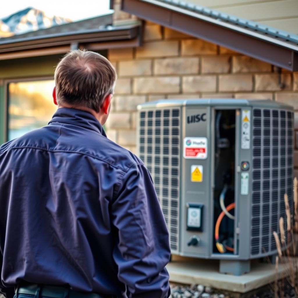 HVAC technician inspecting an outdoor unit outside a residential home in Salt Lake City, UT with mountain backdrop.