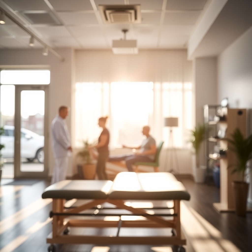 Physical therapy clinic interior in Raleigh, NC with a practitioner assisting a patient.