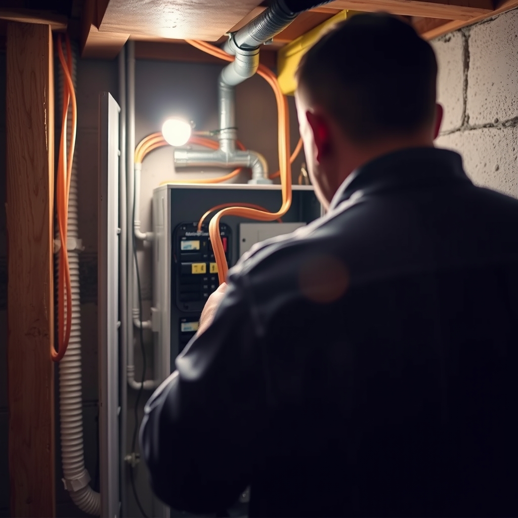 A residential electrician servicing an electrical panel inside an Indianapolis, IN home.