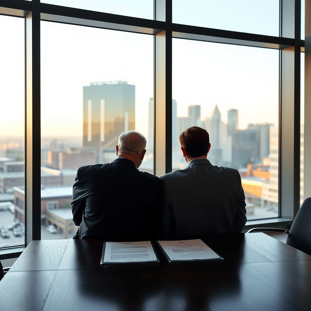 A professional law firm setting in Downtown Houston, TX with attorneys reviewing documents near a window.