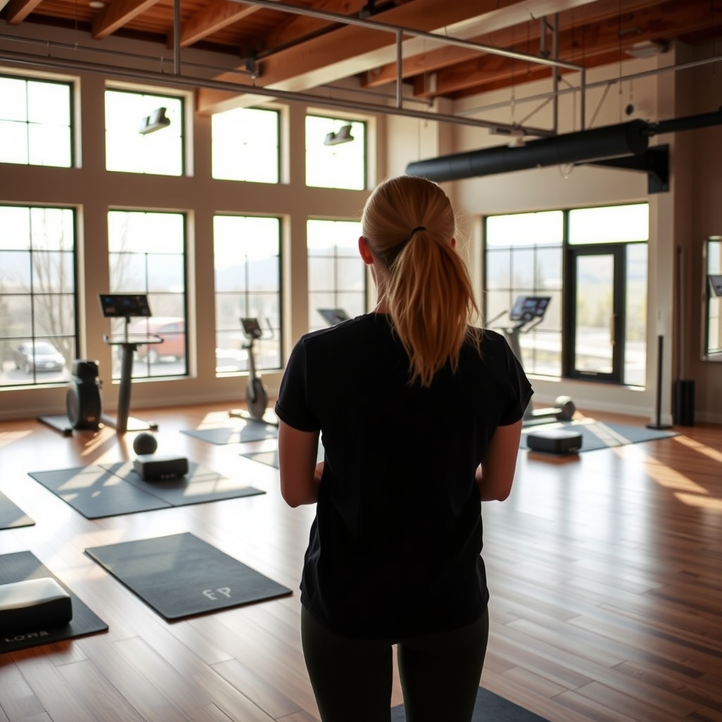 Boutique fitness studio interior in Salt Lake City, UT filled with natural morning light and clean exercise equipment.