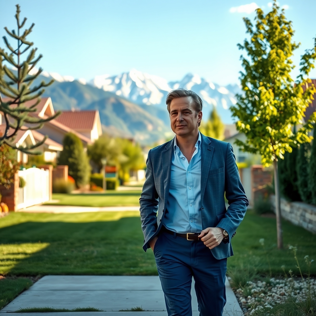 Real estate agent walking through a residential neighborhood in Salt Lake City, UT