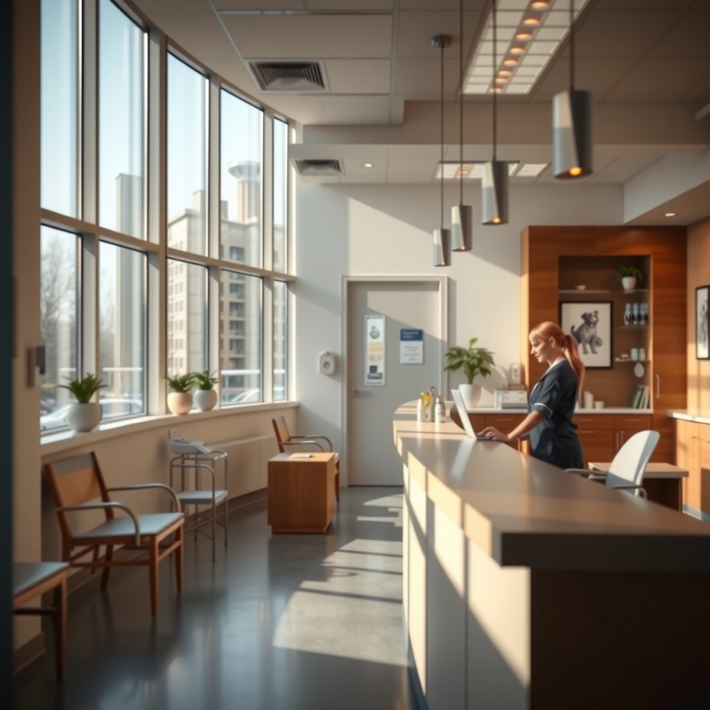 Modern veterinary clinic interior in Atlanta, GA with staff member working at reception.