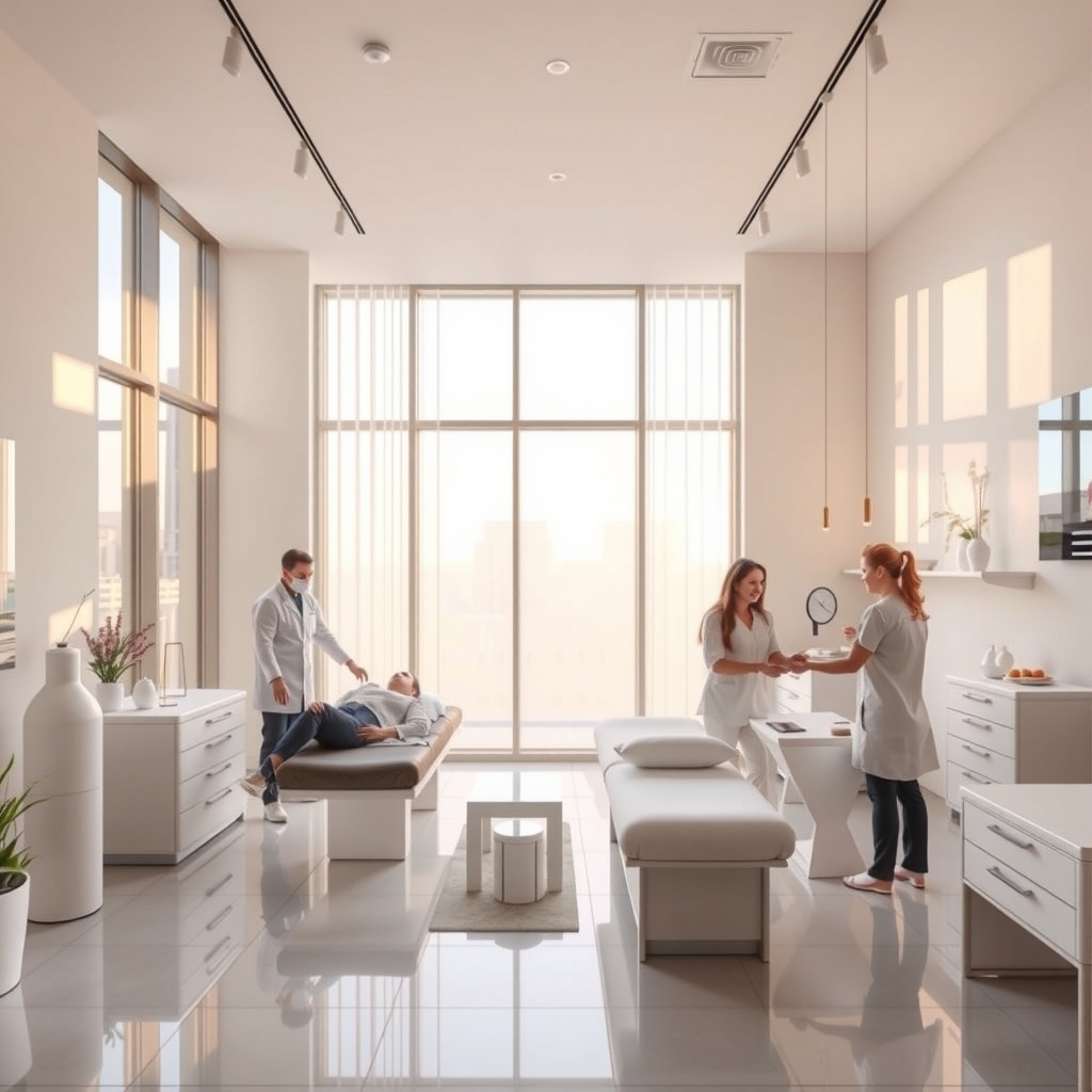 Serene and modern interior of a med spa in Austin, TX with natural light and minimalist decor
