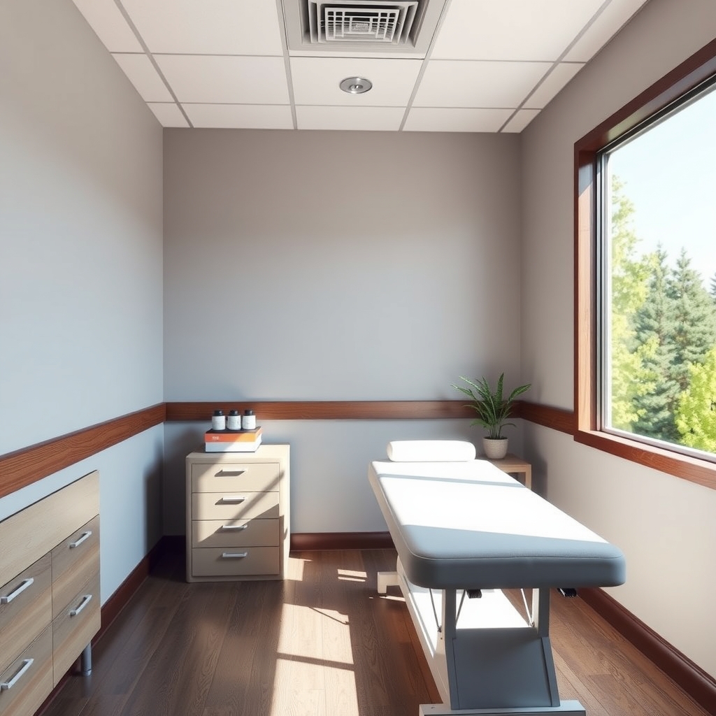 Modern sunlit chiropractic treatment room in Raleigh, NC with natural wood accents and clean equipment.