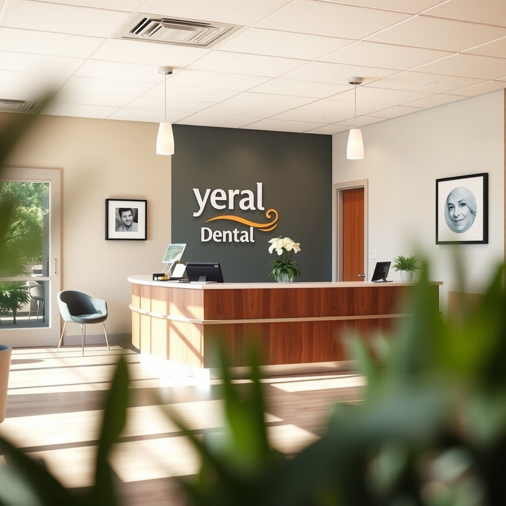 Reception area of a modern dental clinic in Atlanta, GA with warm lighting.