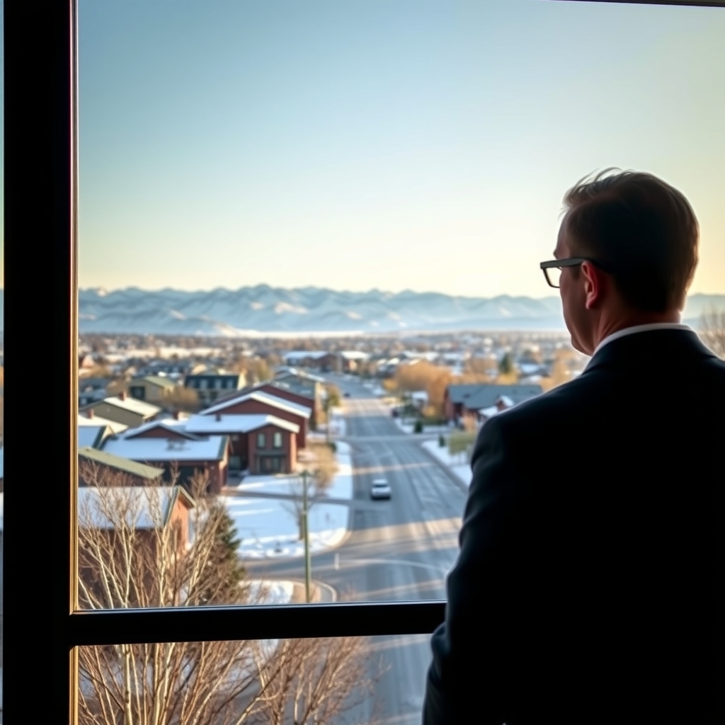 Real estate agent overlooking Denver, CO neighborhood during winter