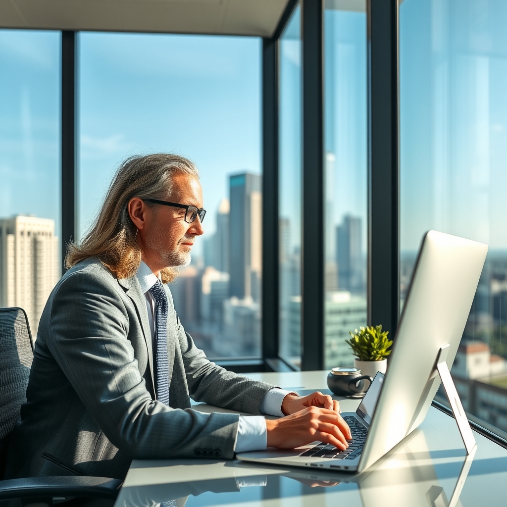 Financial advisor working in a modern office overlooking Houston, TX