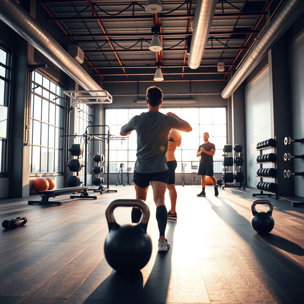 Interior of a modern, sunlit fitness studio in Denver, CO with athletic training equipment.