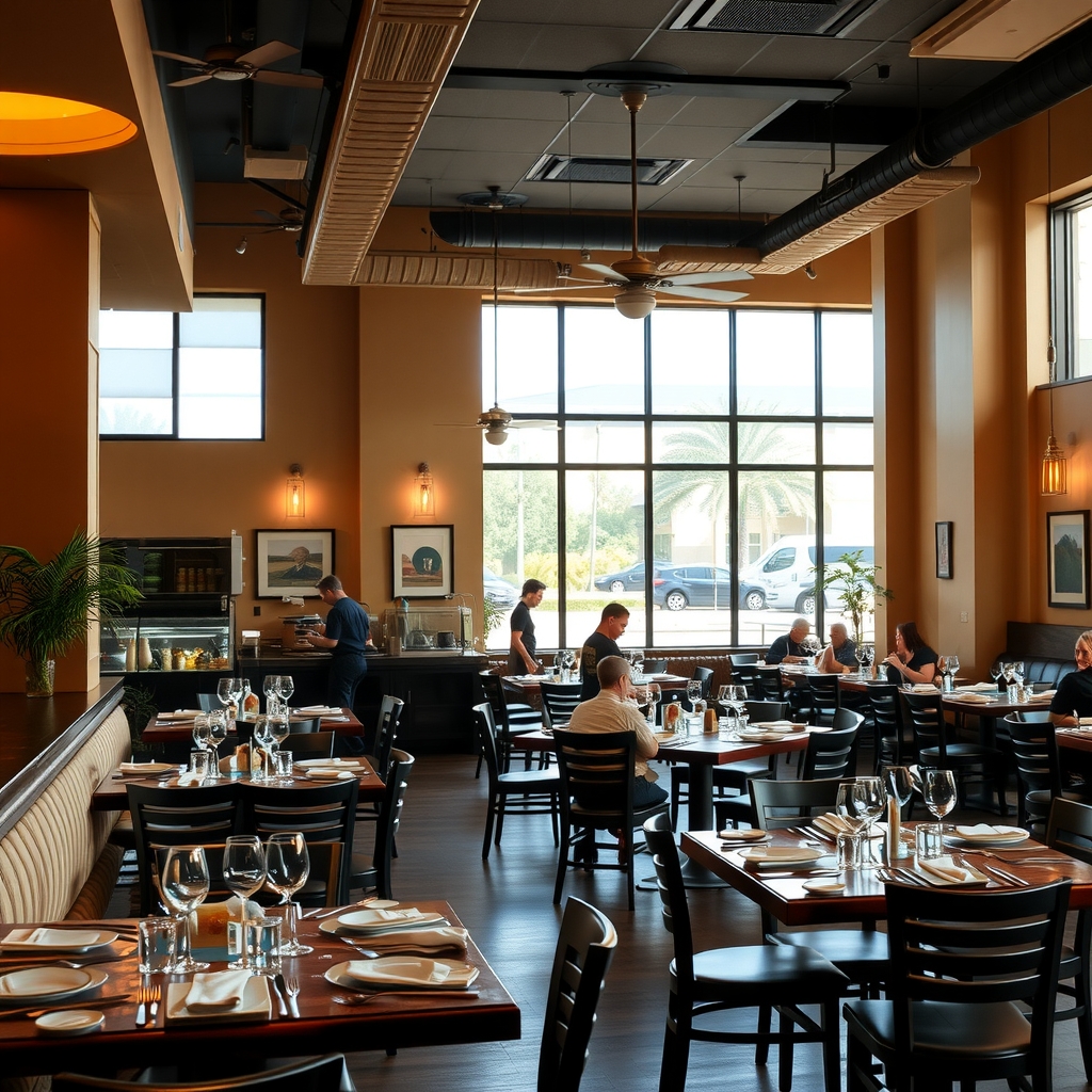 Interior view of a busy restaurant in Houston, TX showcasing tables and ambient lighting.