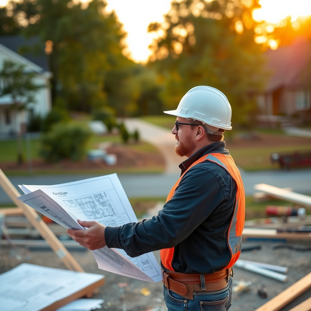 Home builder reviewing plans on a job site in Raleigh, NC