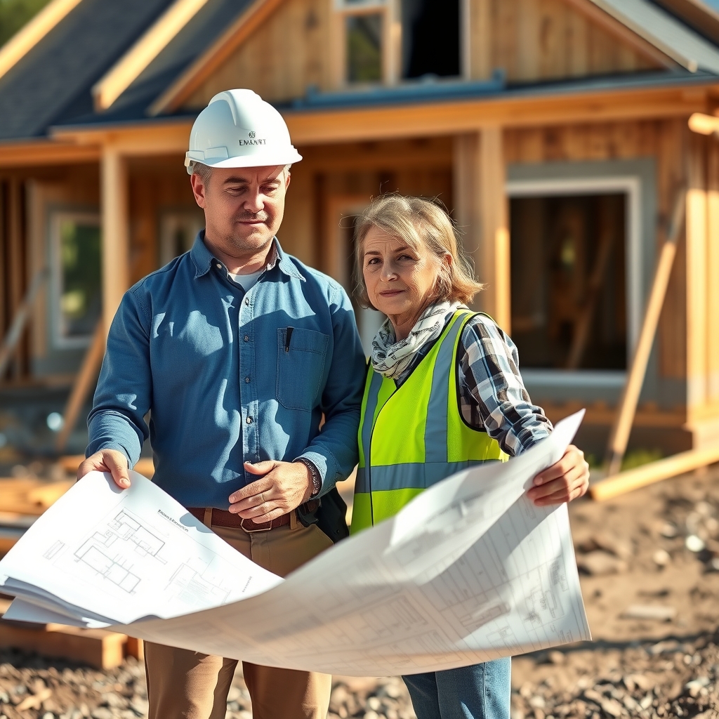 Home builder and client reviewing blueprints at a construction site in Raleigh, NC