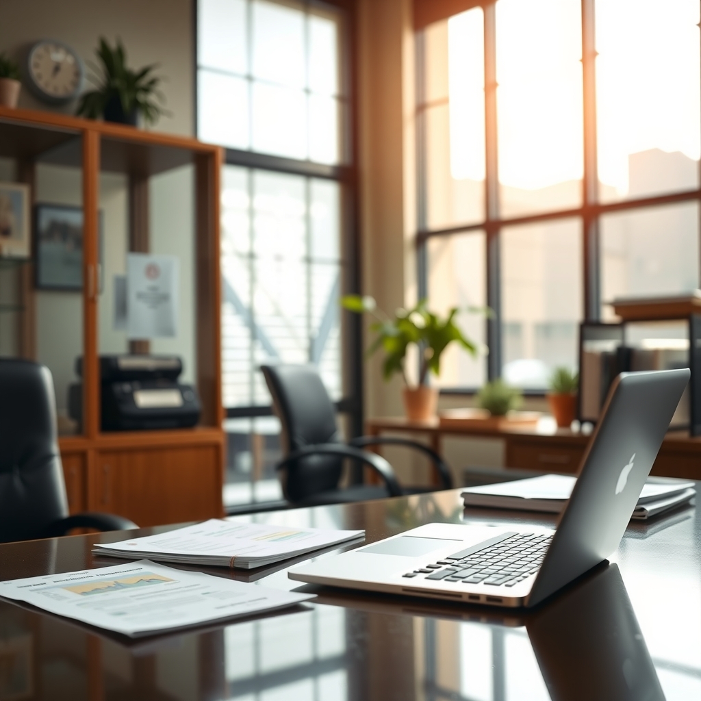 Professional insurance agency office workspace in Houston, TX with natural light.