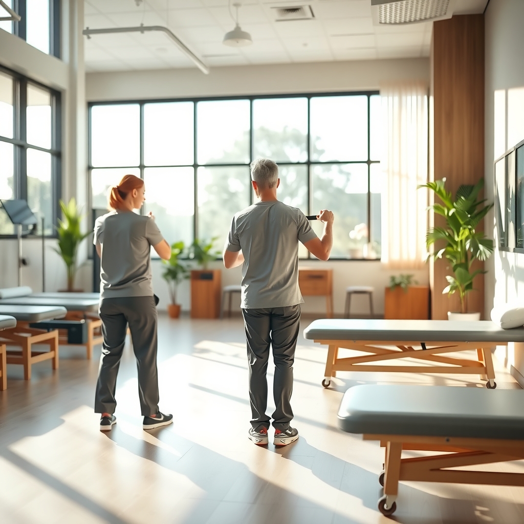 Physical therapist guiding a patient through mobility exercises in a bright Austin, TX rehabilitation clinic.