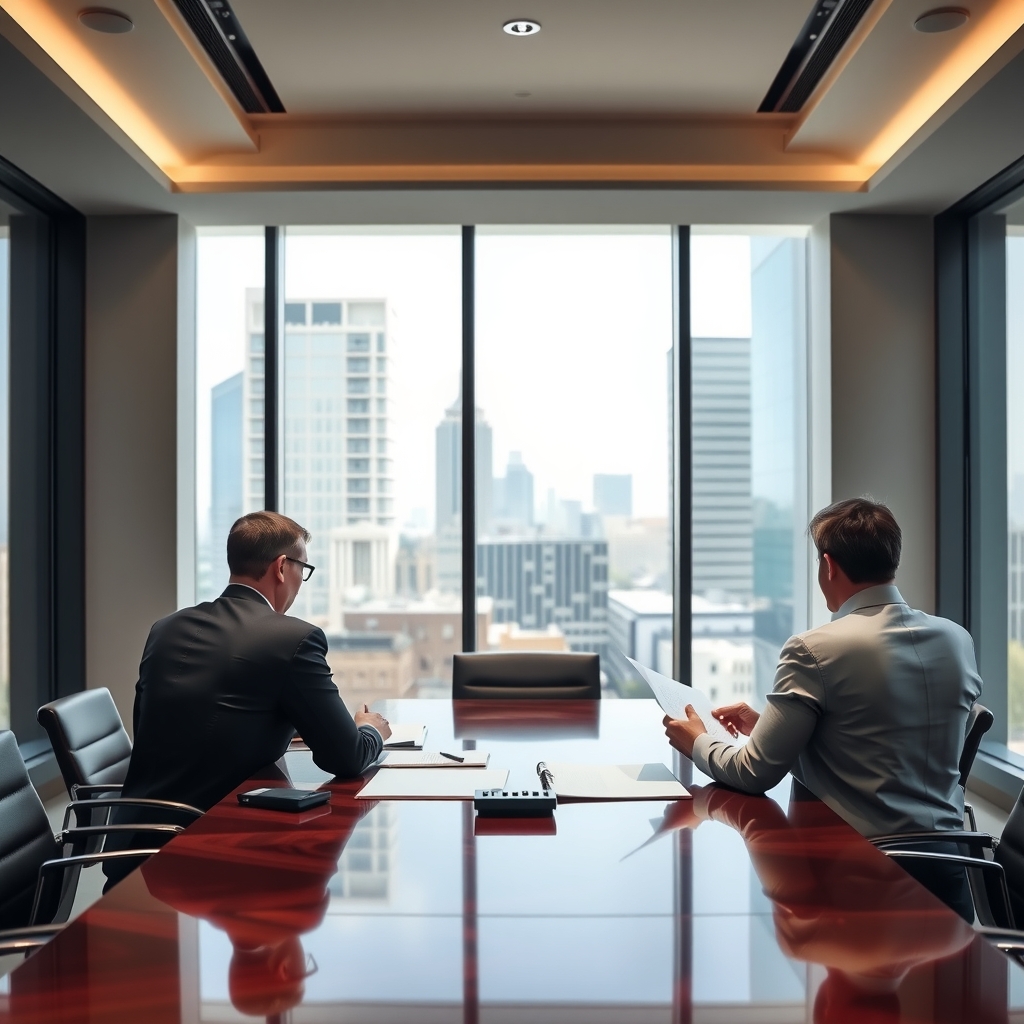 Attorneys in a downtown Tampa, FL law firm conference room overlooking the city skyline during a consultation.