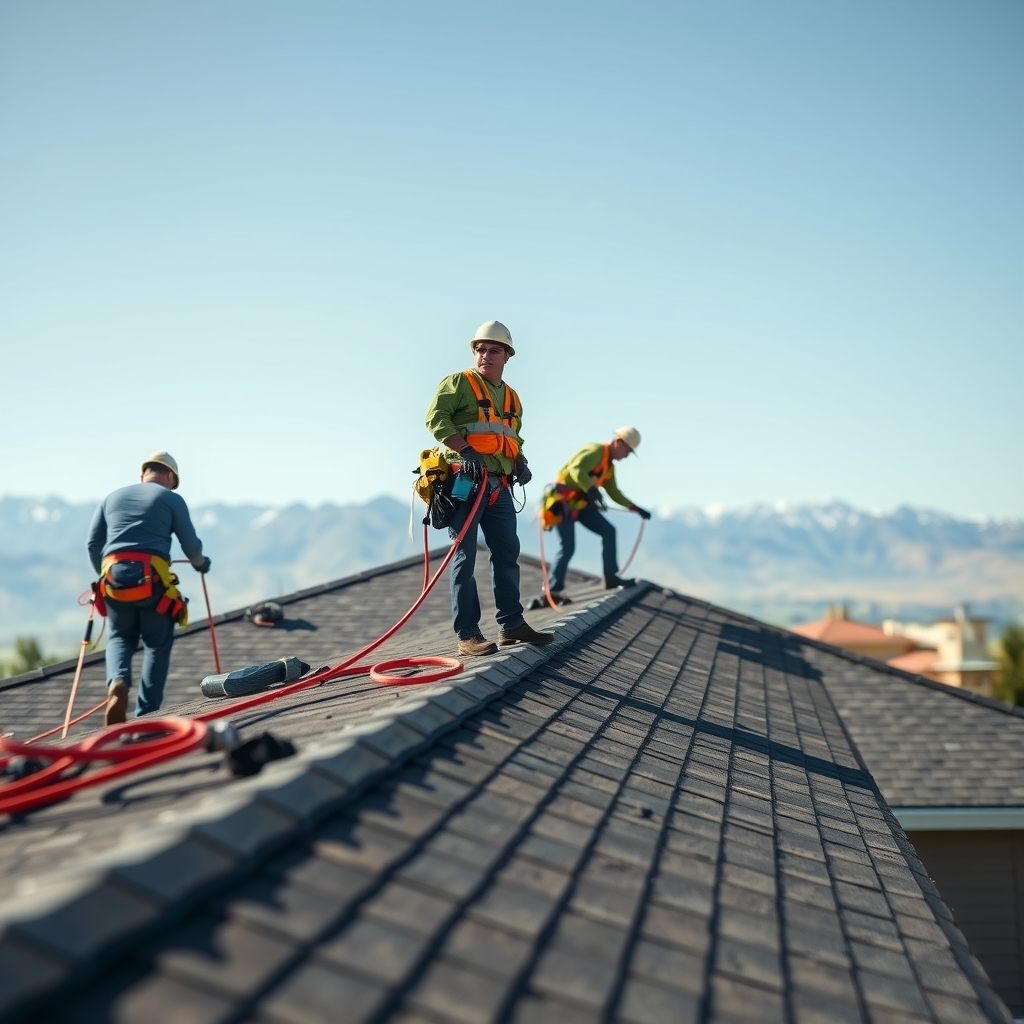 Roofing contractors working on a residential roof in Salt Lake City, UT with mountains in the background.