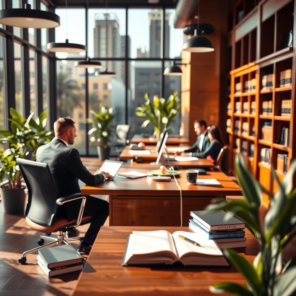 Professional law firm office interior in Tampa, FL with natural light and working professionals