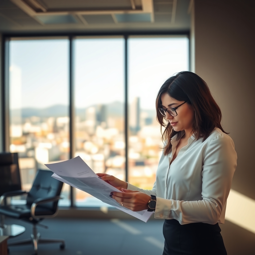 Real estate agent reviewing documents in a Denver, CO office
