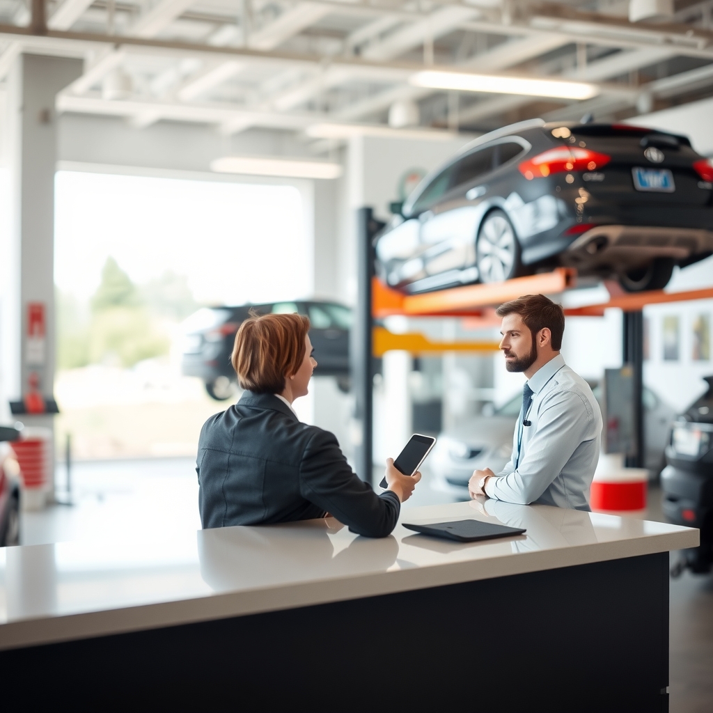 Auto repair shop interior in Lehi, UT with a mechanic workspace and service counter.
