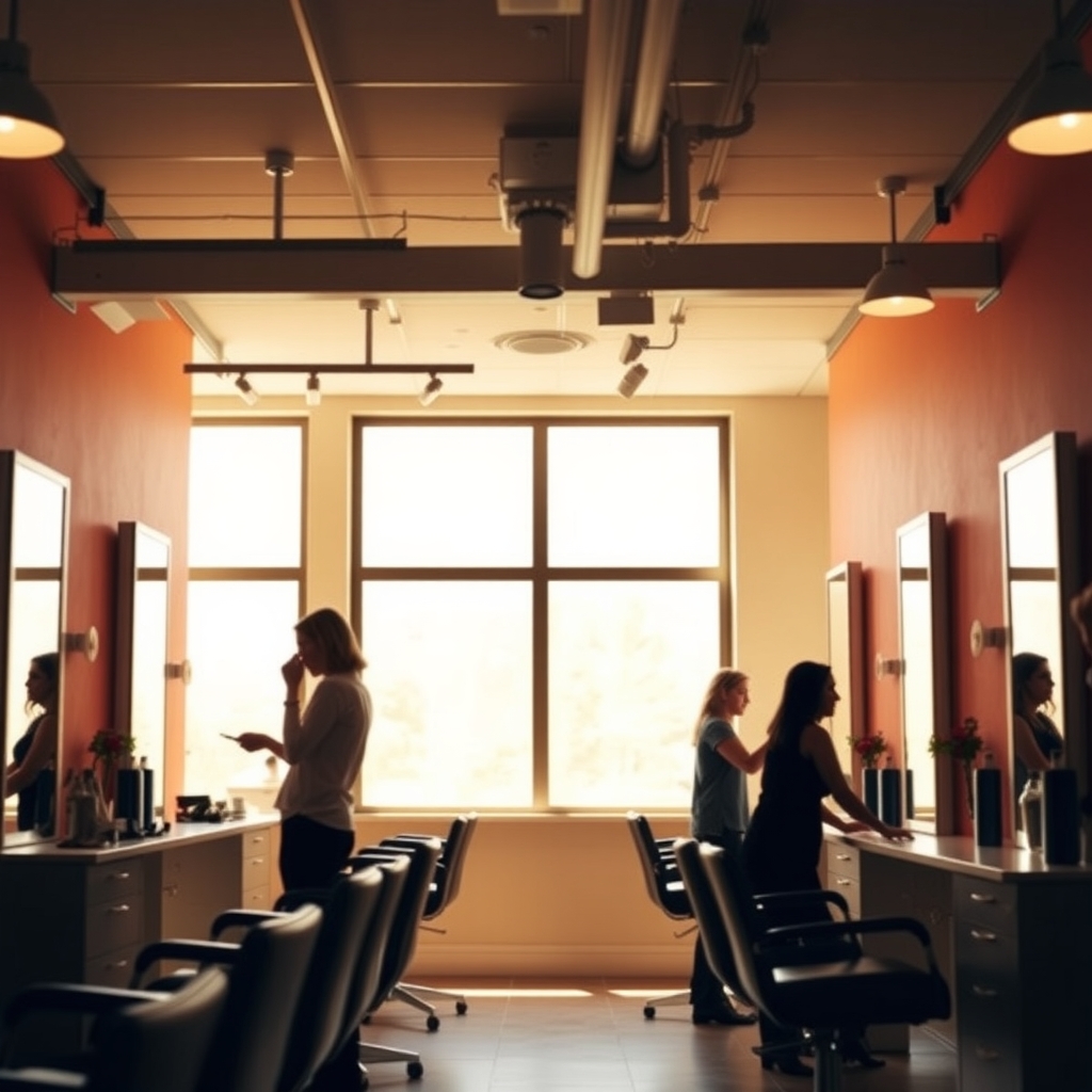 Hair salon interior in Saratoga Springs, UT with styling stations and soft lighting