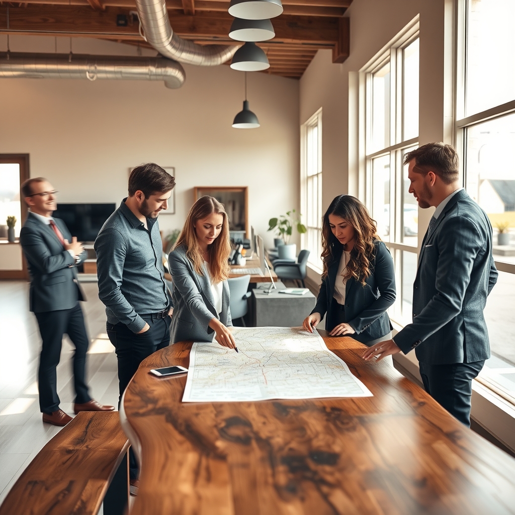 A professional real estate team collaborating in a modern office in Lehi, UT.