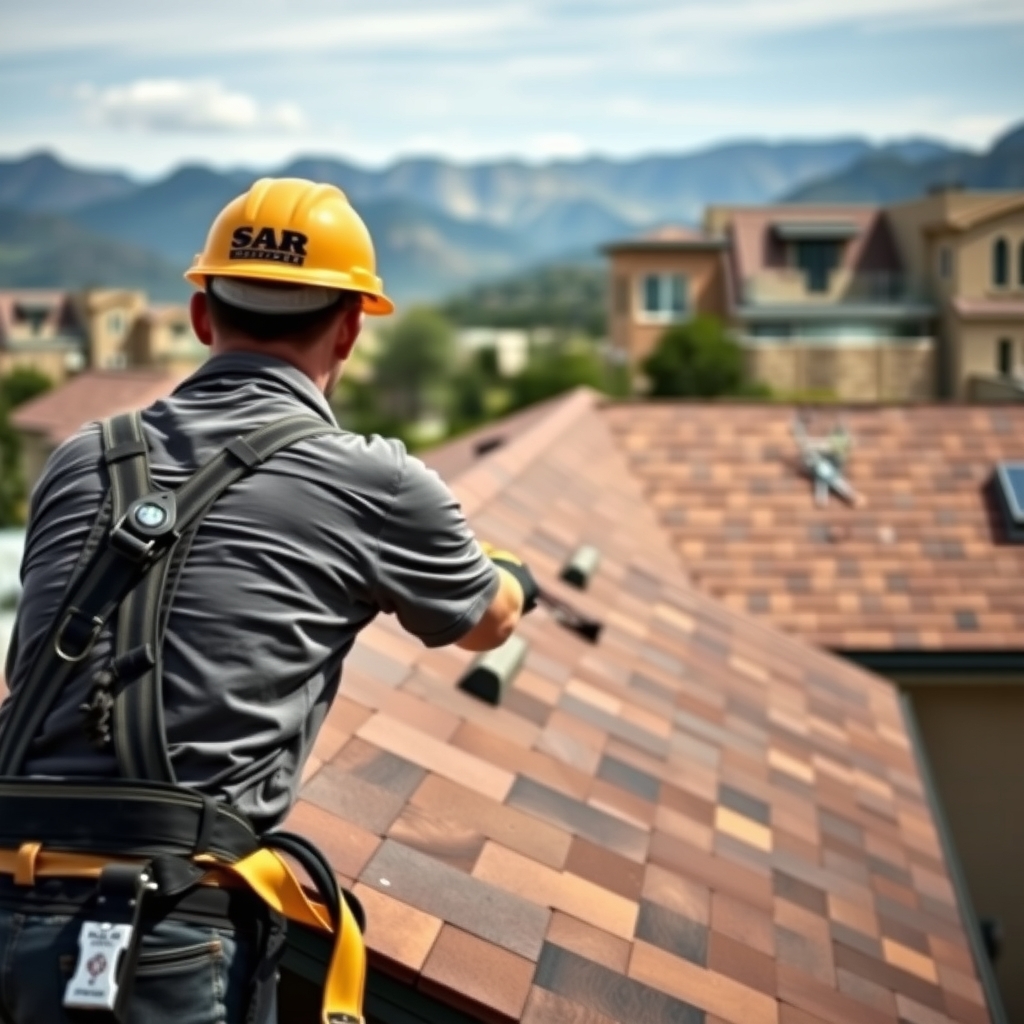 A roofer working on a residential home in Orem, UT with mountain views in the background.