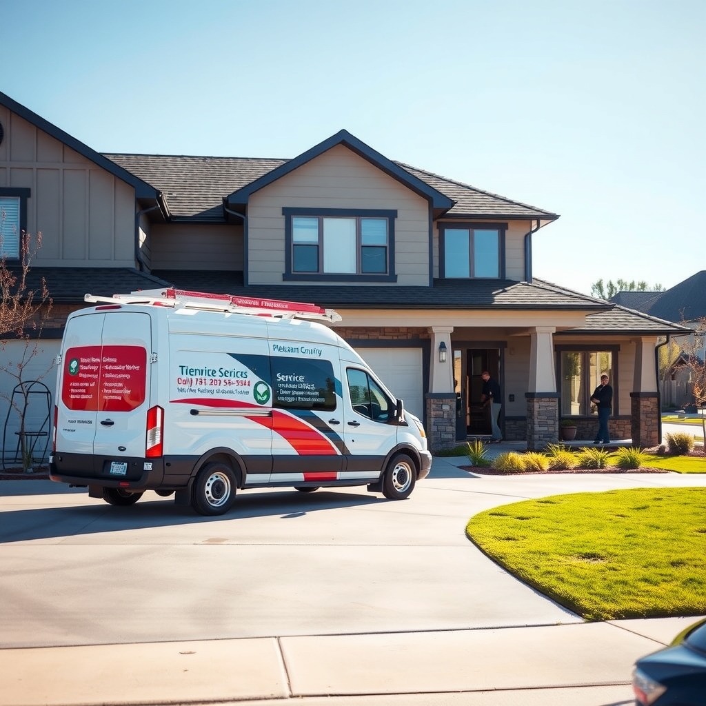 Service van parked outside a home in Pleasant Grove, UT during an HVAC service call.