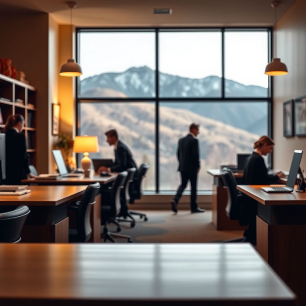 Modern law firm office interior in American Fork, UT with mountain views