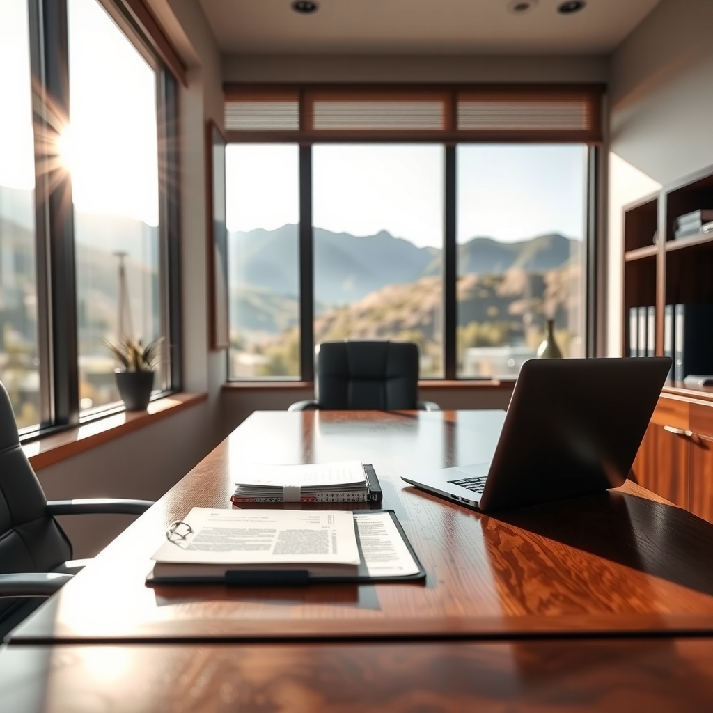 Law firm office interior in Saratoga Springs, UT with natural light and legal documents.