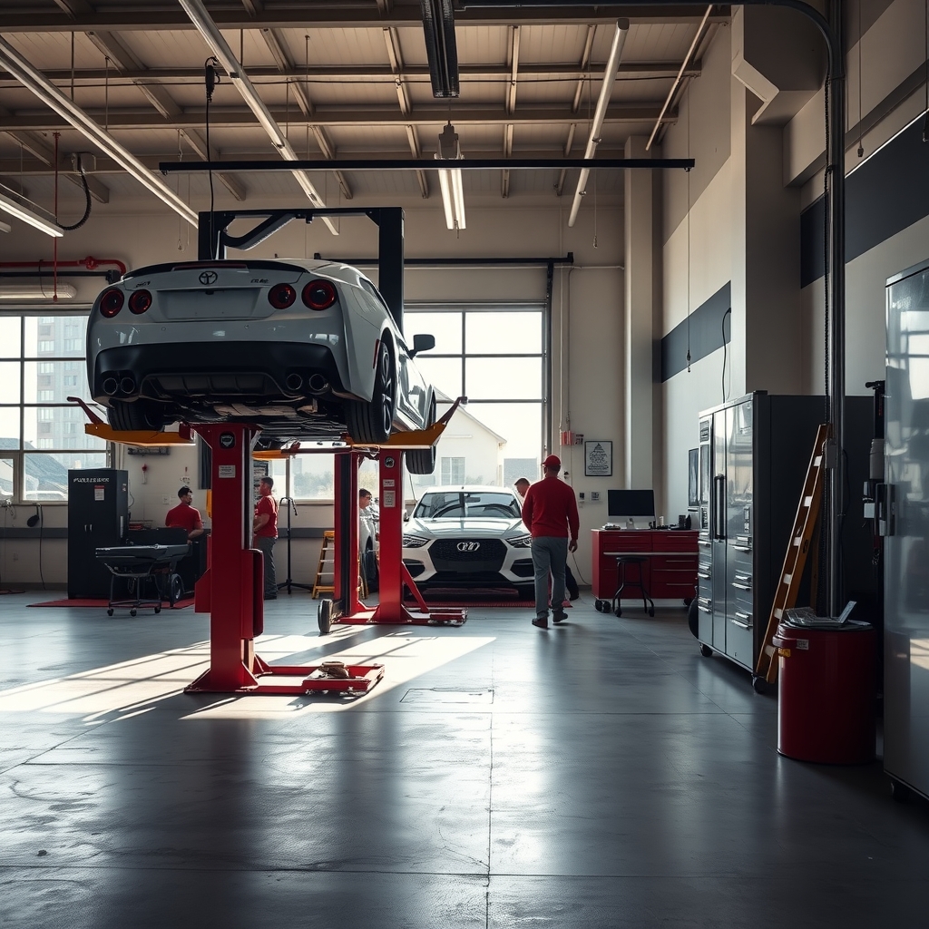 Auto repair shop technicians servicing vehicles inside a modern garage bay in Lehi, UT.