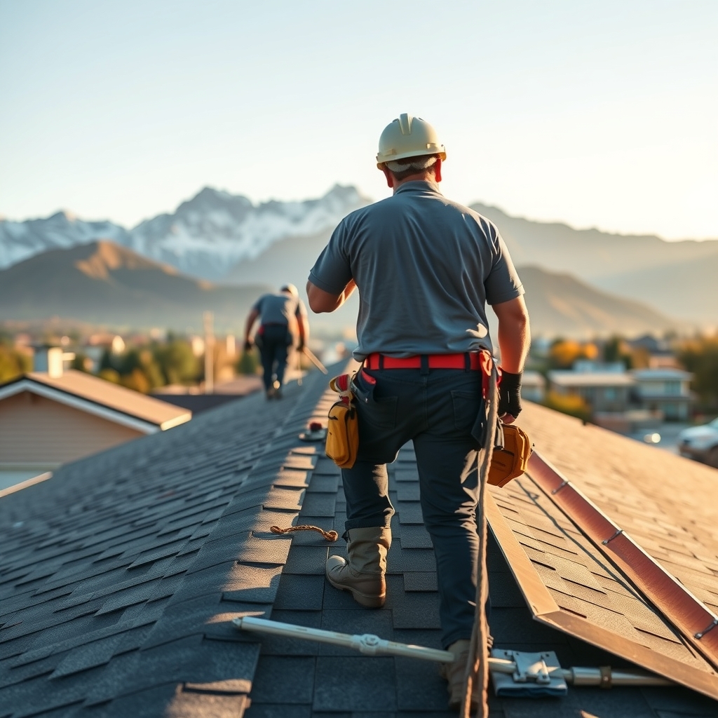 Roofers working on a residential roof in Orem, UT with the Wasatch Mountains in the background.