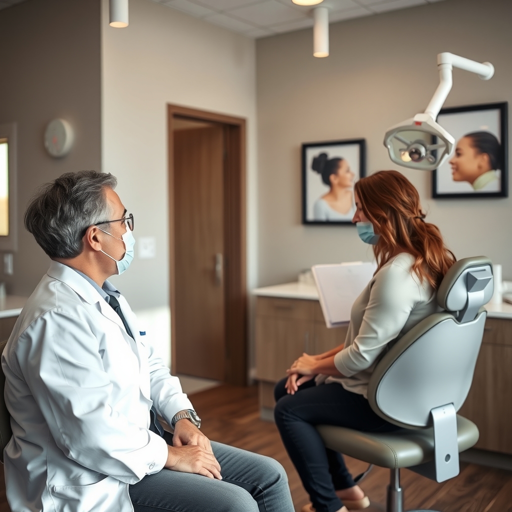 Dental professional consulting with a patient in a modern dental office in Pleasant Grove, UT