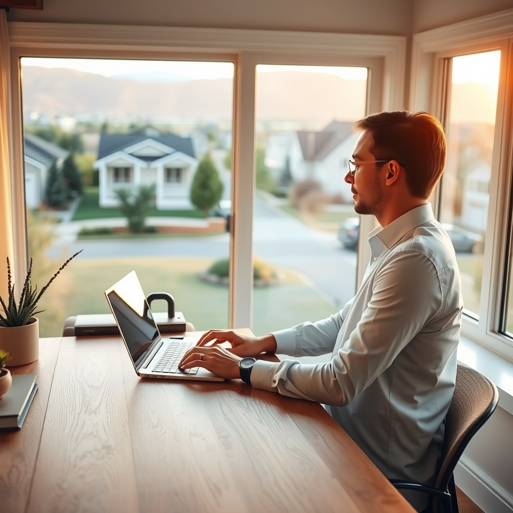 Real estate agent working in an office with views of Spanish Fork, UT neighborhood.