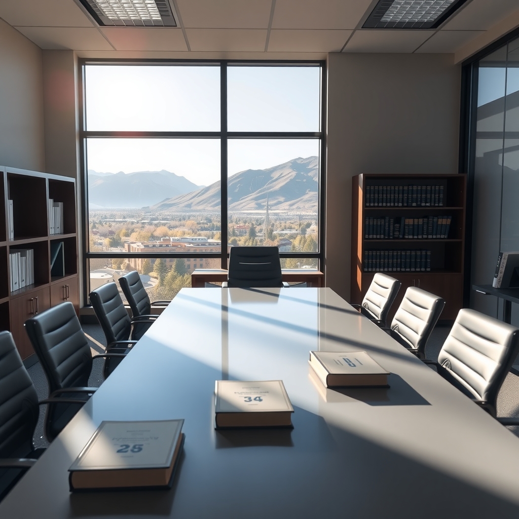 Interior of a modern law firm office in Saratoga Springs, UT with natural light and legal references.