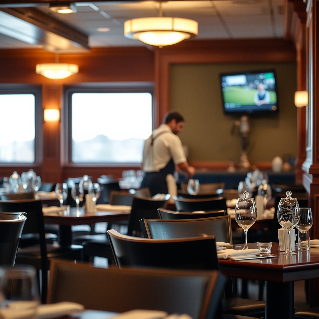 Warm interior of a dining room at a local restaurant in Provo, UT during evening service setup.