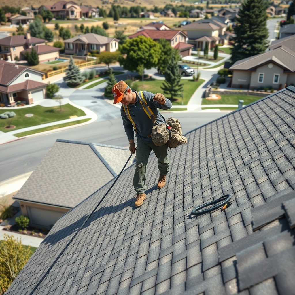 Roofer working on a residential home in Spanish Fork, UT