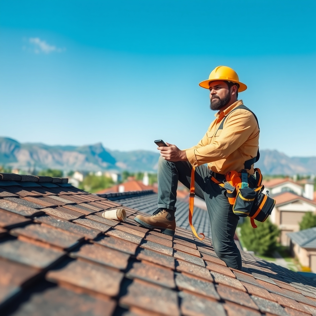 A roofer inspecting a residential roof in Spanish Fork, UT