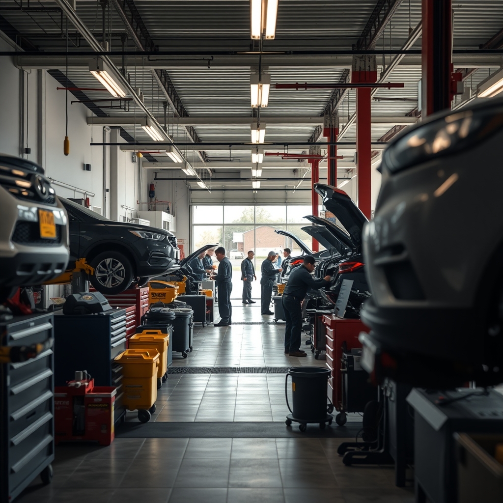 Auto repair shop interior in Columbus, OH with mechanics working on vehicles