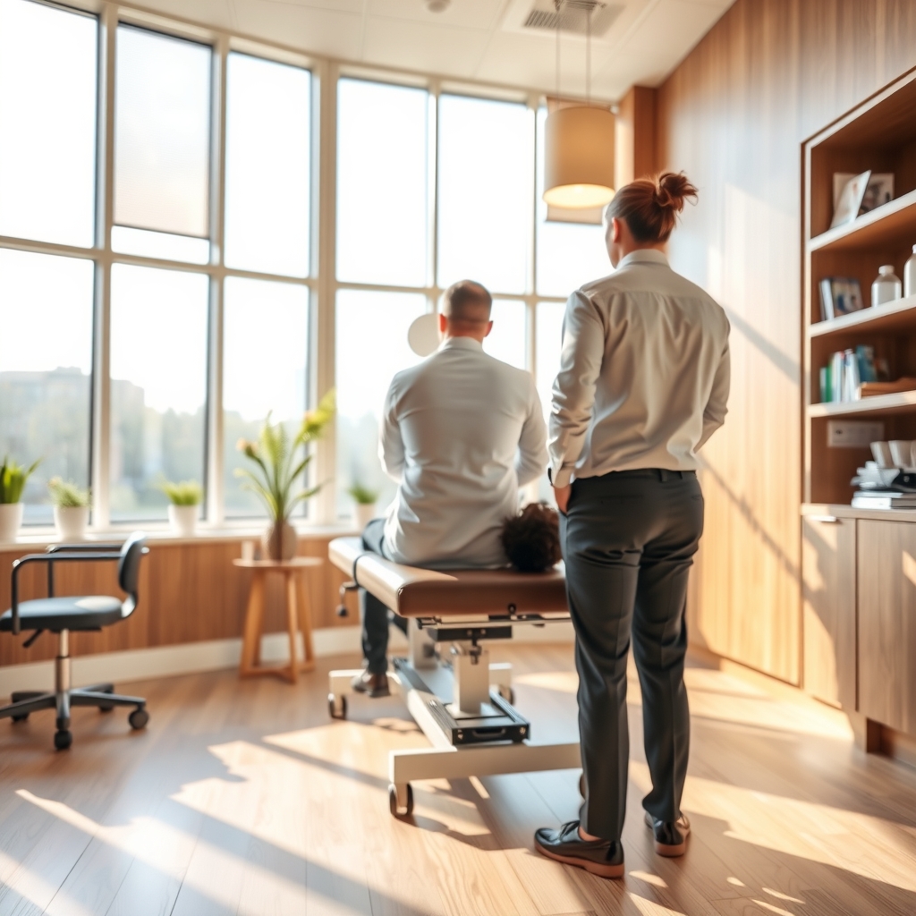 A modern chiropractic clinic setting in Dallas, TX with natural light and professional adjustment equipment.