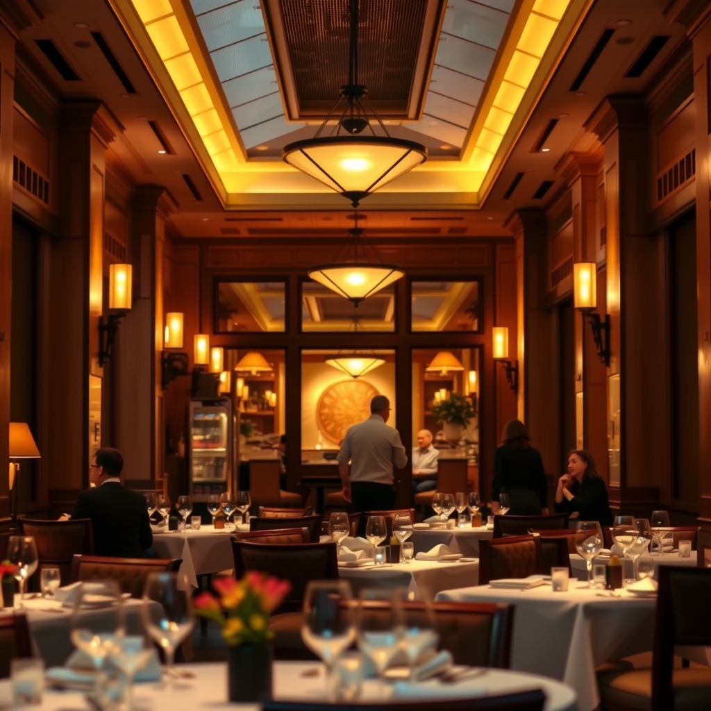 Dining room ambiance of an upscale restaurant in Atlanta, GA during evening dinner service.